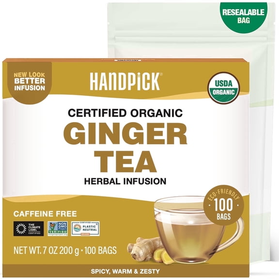 HANDPICK, Organic Ginger Tea Bags (100 Herbal Tea Bags), Caffeine Free & 100% Pure Ginger Root |Soothing & Spicy Blend | Round Eco Conscious Teabags