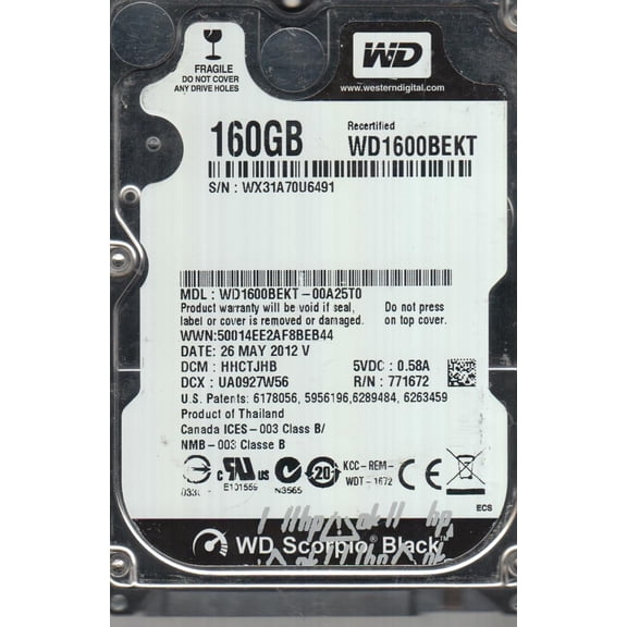 WD1600BEKT-00A25T0, DCM HHCTJHB, Western Digital 160GB SATA 2.5 Hard Drive