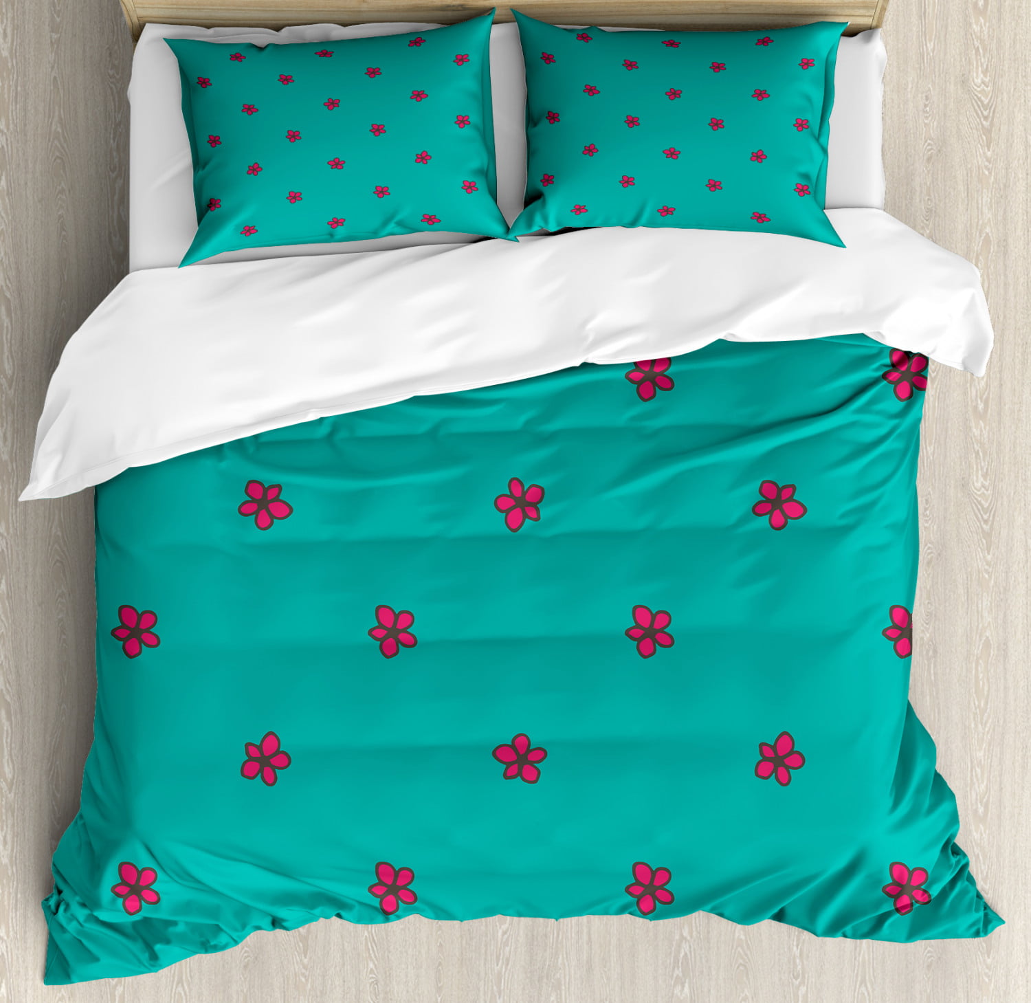 Teal King Size Duvet Cover Set Hand Drawn Pink Wild Flowers