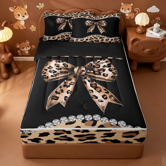 Erosebridal Leopard Print Bow Zipper Twin Comforter Sets with Fitted Sheet and 2 Pillowcases,3D Diamond Print Zipper Bedding Set For Girls,Black Reversible,4pcs