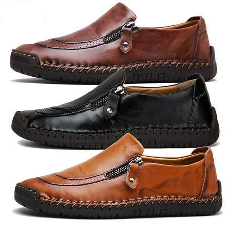 Men Leather Comfortable Shoes Hand Stitching Zipper Non-Slip Casual Shoes Loafer Boat