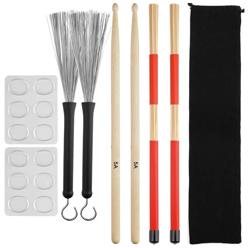 Drum Sticks Set,5A Maple Wood Drum Sticks,Drum Rods Brushes,Retractable