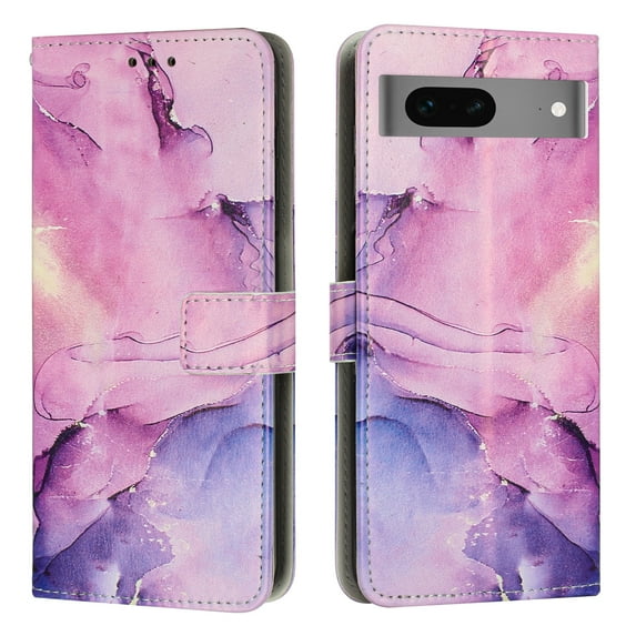 Nalacover for Google Pixel 7A Marble Pattern Wallet Case with Credit Card Slots Holder Kickstand Cover, Soft Silicone Shokcproof Anti-Fall Premium PU Leather Magnetic Clasp Flip Case, Purple