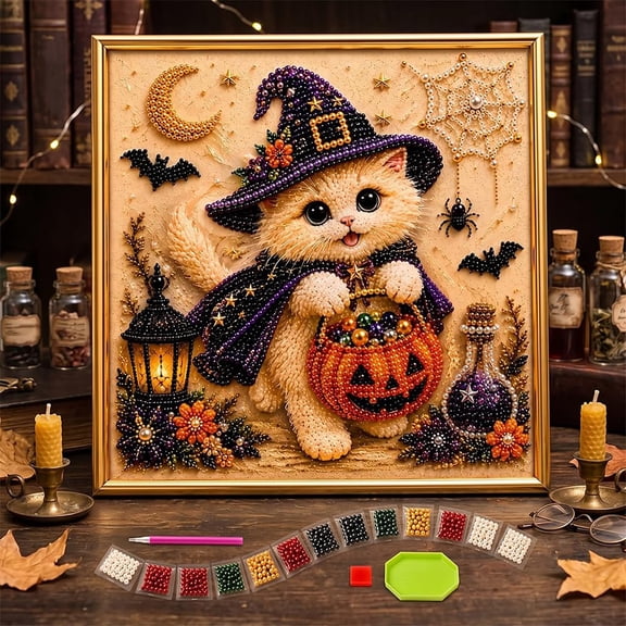 DIY Halloween Cat Pearl Bead Painting Kit, Diamond Art Craft for Adults Beginners
