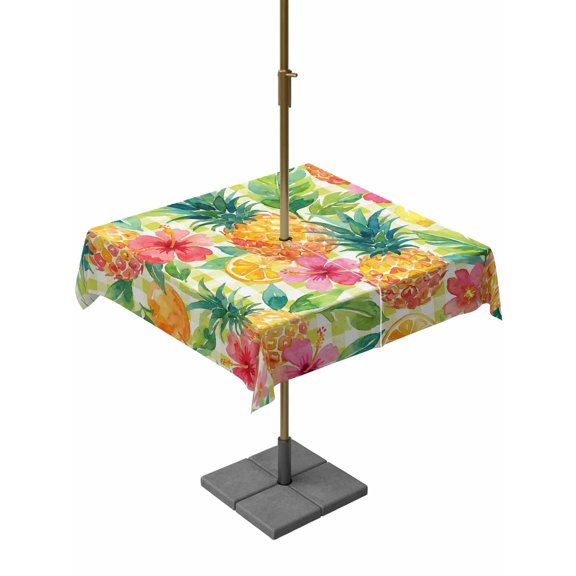Outdoor Tablecloth with Umbrella Hole for Patio/Picnic/Party/Camping, Summer Pineapple Waterproof Table Cloth Square Cover Washable, Tropical Fruits Lemon Sage Green Plaid (60"x 60")