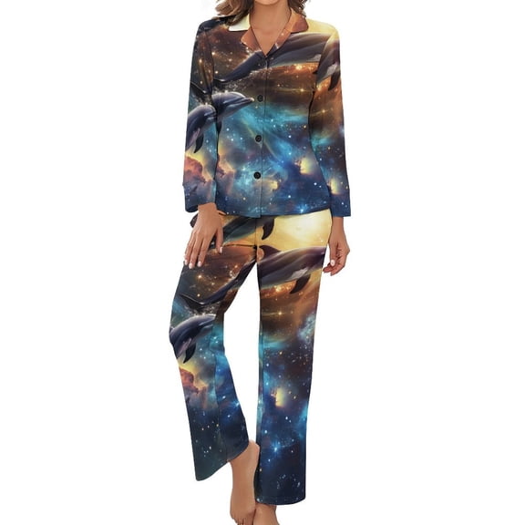 PoBuds Women's Long Sleeve Flannel Pajama Set Sleepwear Dolphins Galaxy M