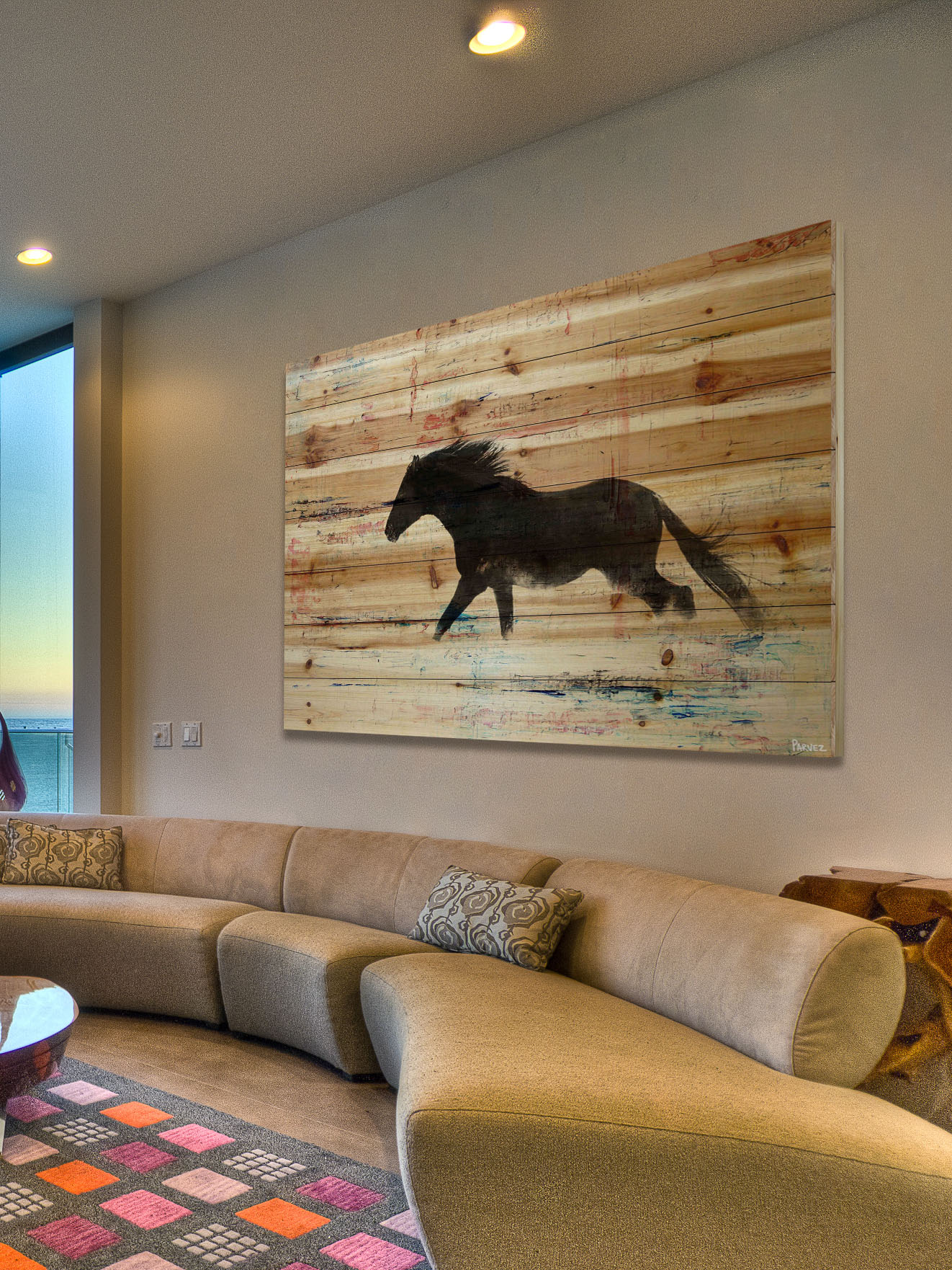 "Black Horse Stride" Painting Print on Natural Pine Wood