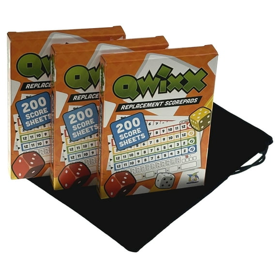 Qwixx 3 Replacement Score Pad Boxes Bundle - 600 Score Sheets (Score Cards) - Bonus Hickoryville Velour Storage Bag