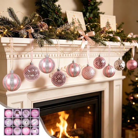 12-Piece Pink Christmas Ball Ornaments, 6 cm Patterned Holiday Hanging Bauble Set for Christmas Tree, Wreath and Garland Decorating at Home