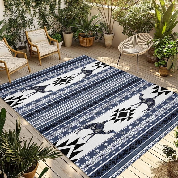 Navy Blue Boho Outdoor Rug for Patio/Deck/Porch, Non-Slip Large Area Rug 3 x 5 Ft, Vintage Abstract Art Ethnic Tribe Indoor Outdoor Rugs Washable Area Rugs, Reversible Camping Rug Carpet Runner