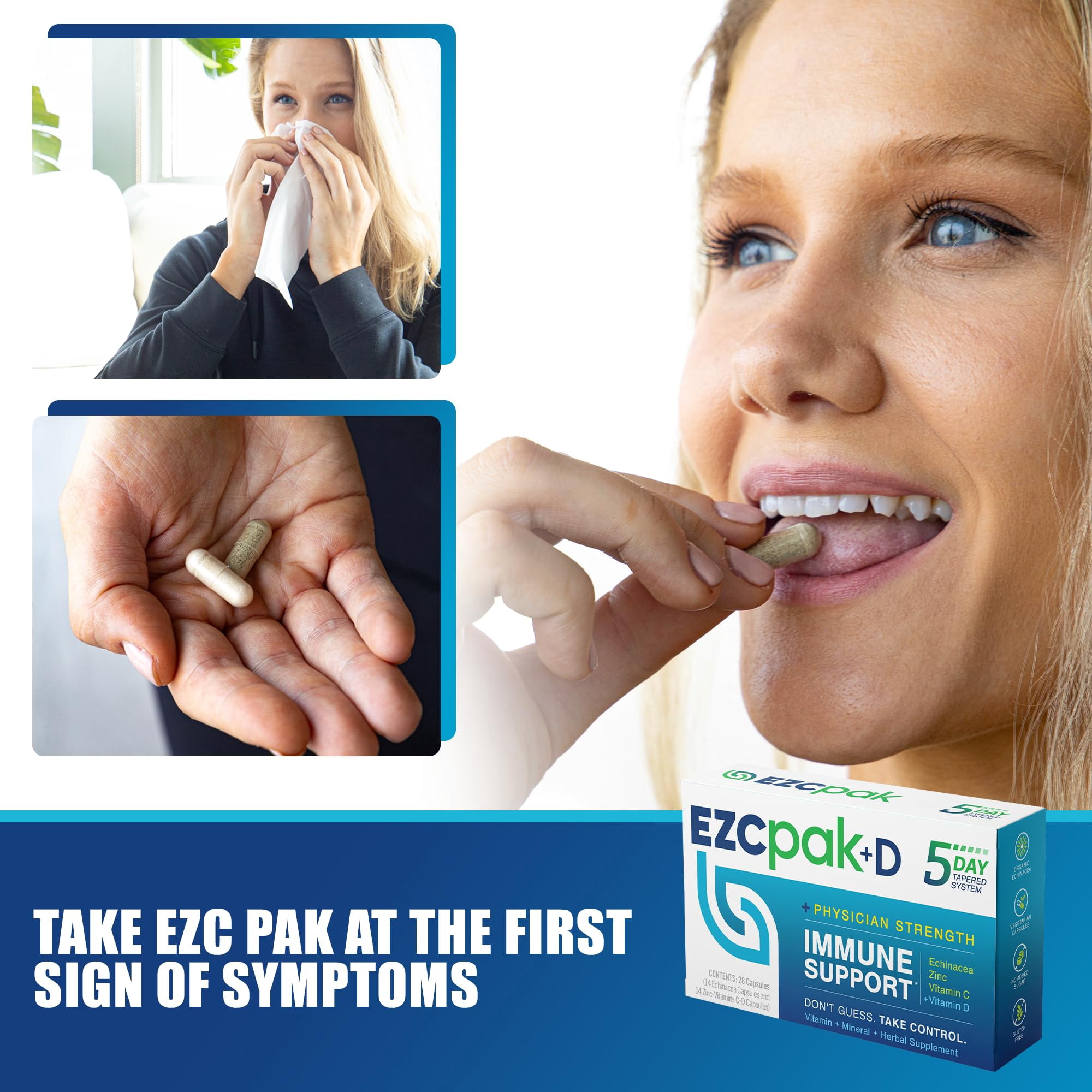 EZC Pak+D 5-Day Immune System Booster, Vitamin D, Vitamin C and Zinc for Immune Support