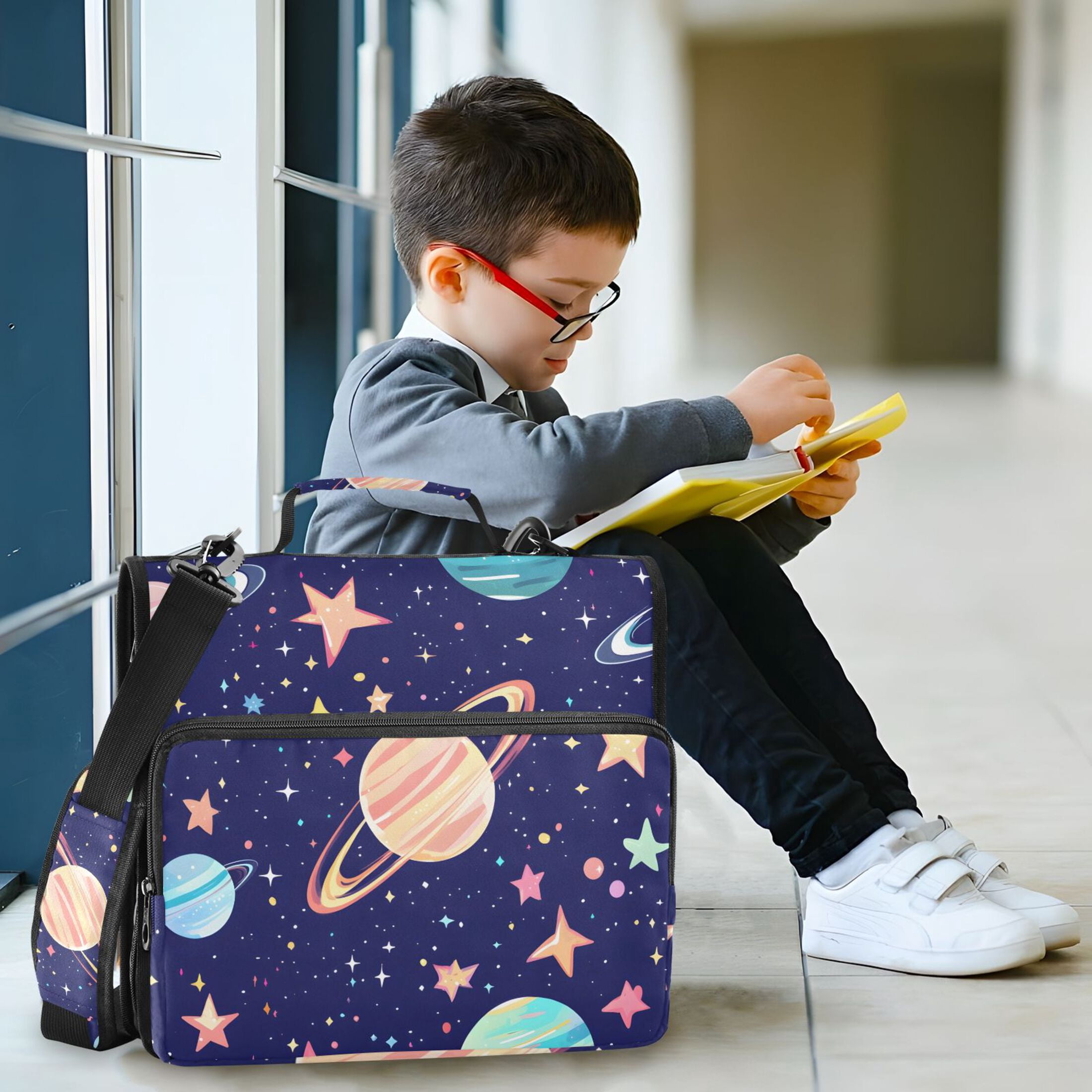 3 Ring Zipper Binder with Shoulder Strap Waterproof Trapper Keeper 2 Inch D-Ring 500 Sheets Capacity Cartoon Planet and Star