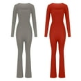 thumbnail image 4 of Olyvenn Womens Long Sleeve Jumpsuits Flare Sexy Square Neck Slim Flare Leg Full Length Flare Romper Casual Solid Bodycon Playsuit Red 6, 4 of 5