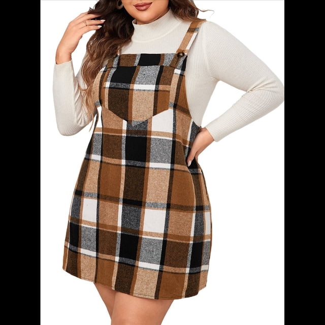 Vestido Estilo Pichi Informal Sin Mangas con Bolsillos y Tirantes Ajustables para Otoño e Invierno, Talla Grande, para Mujer. Marrón XXL