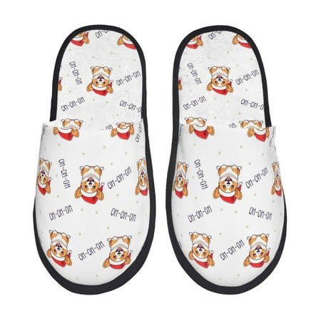 Balery Corgi With Santa Claus Hat Slient Indoor Furry Fleece Comfort House Shoes Soft Non-Slip Home Shoes Cotton slippers House Slippers-- Medium