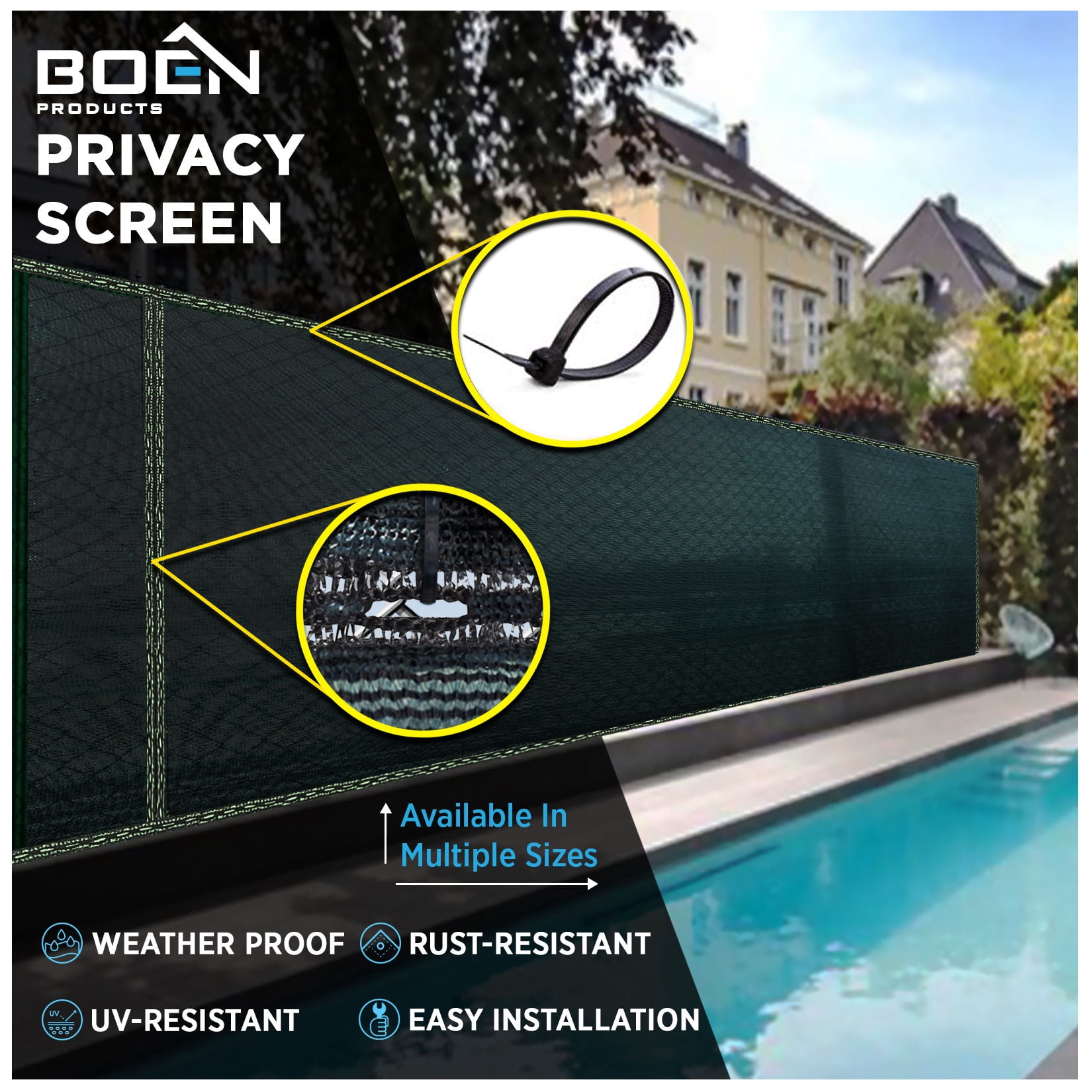 BOEN Privacy Fence Screen Netting, 10 ft x 150 ft, Green, Woven Eyelets, Construction Fence Screen
