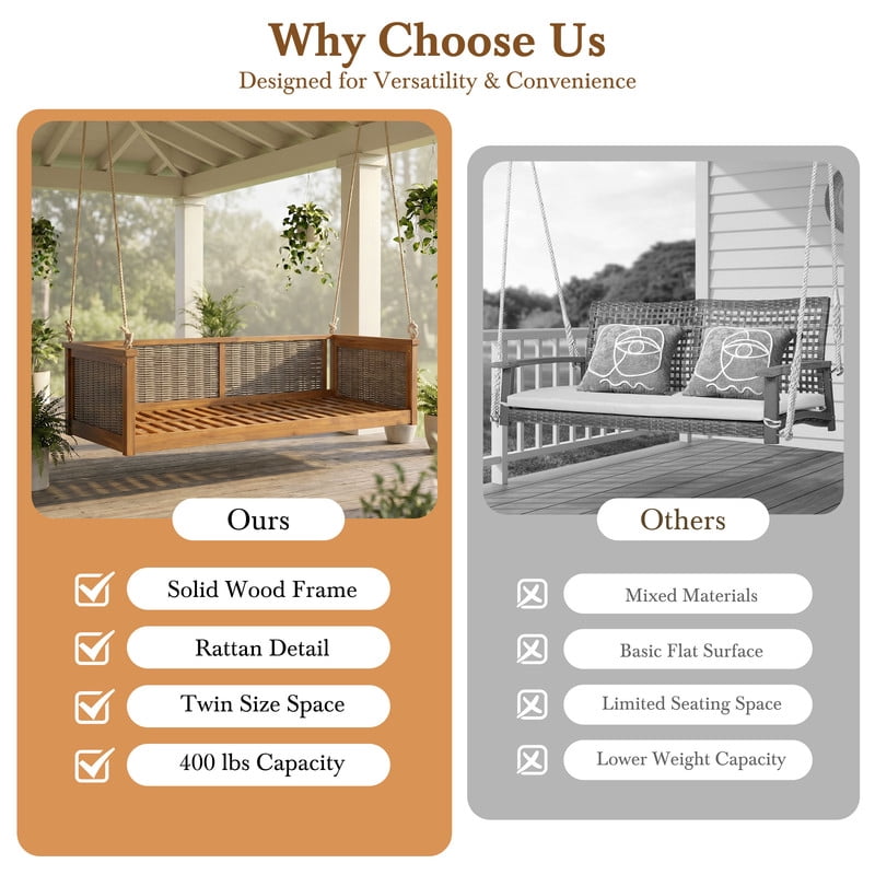 Outdoor Acacia Wood Twin Size 2-Seat Porch Swing Bench, Rattan Hanging Swing Chair Bed with Ropes for Patio, Garden, Backyard