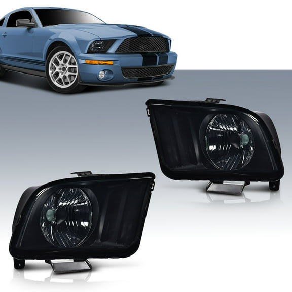 PIT66 Headlight Headlamp Smoky Lens Black Housing Fit for 2005-2009 Ford Mustang Driver & Passenger Side
