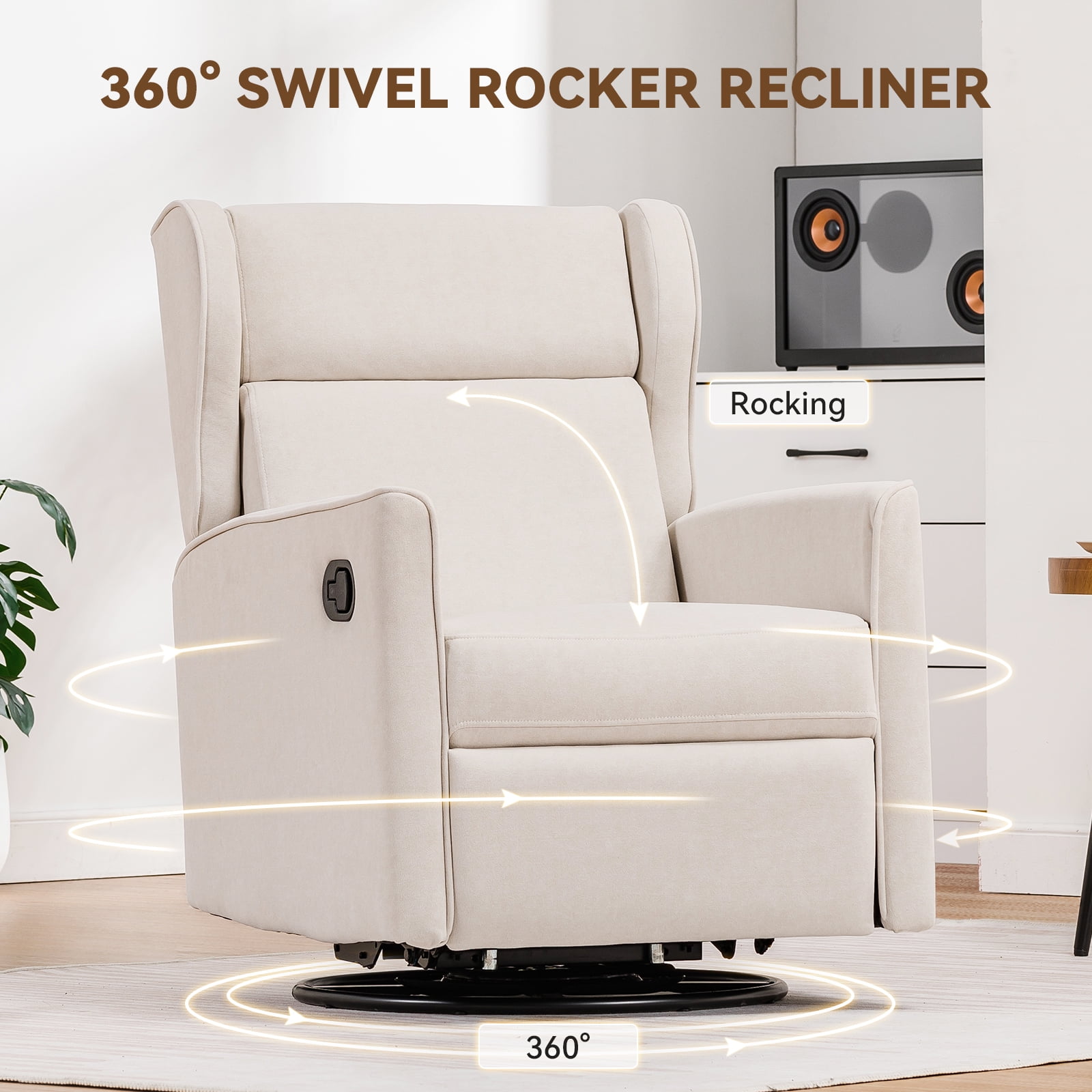 COMHOMA Swivel Rocker Recliner Chair, Fabric Lether Single Sofa Seat for Living Room, Beige