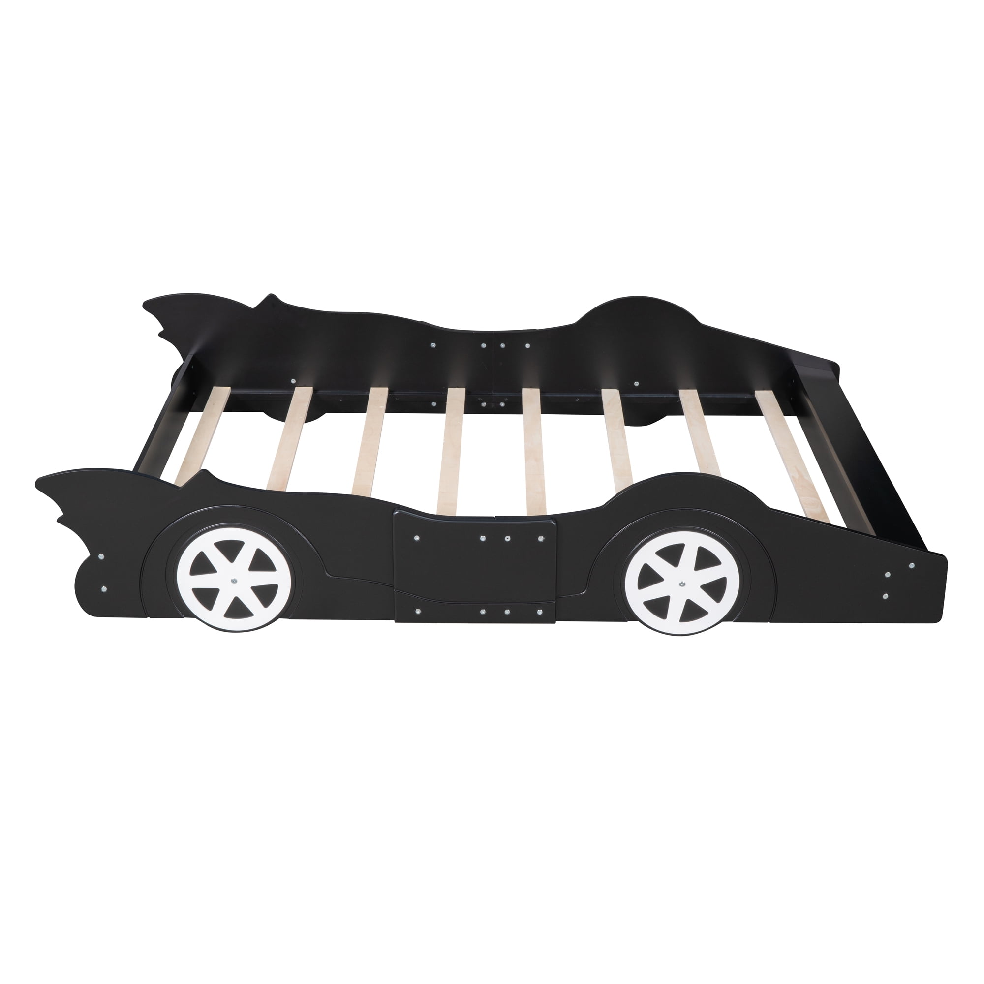 Solid Wood Race Car-Shaped Platform Bed with Wooden Slats, Bed with Wheels, Platform Bed with Headboard and Footboard, No Box Spring Needed (Black,Full)
