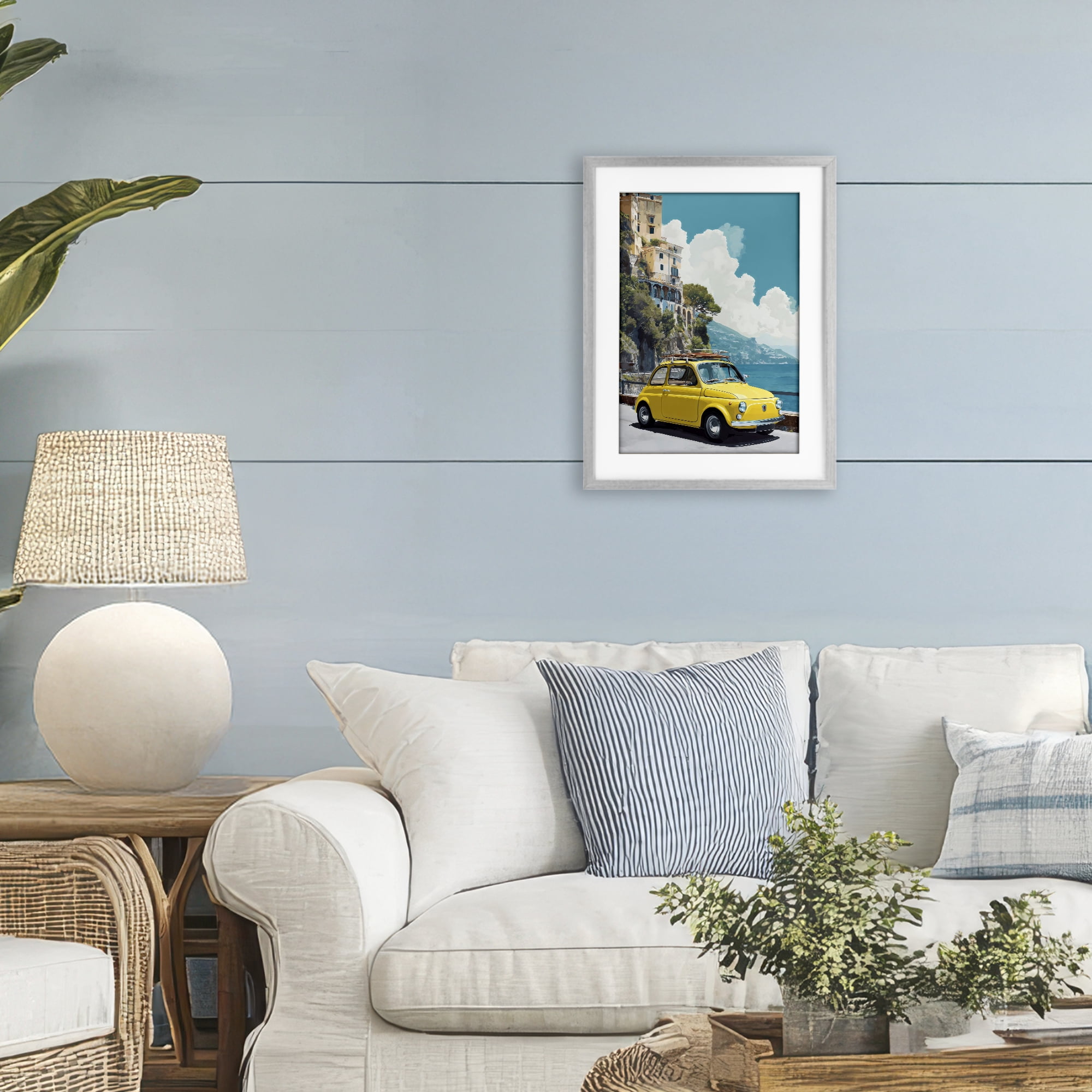 Stupell Industries Yellow Car on Coast Gray Framed Print Under Glass, design by Petal Prints Design