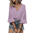 thumbnail image 2 of ZHYou Blouses for Women V Neck Pullover Lace Hollow 3/4 Sleeve Tops Summer Fall Business Casual Shirts,Purple,Size M, 2 of 8