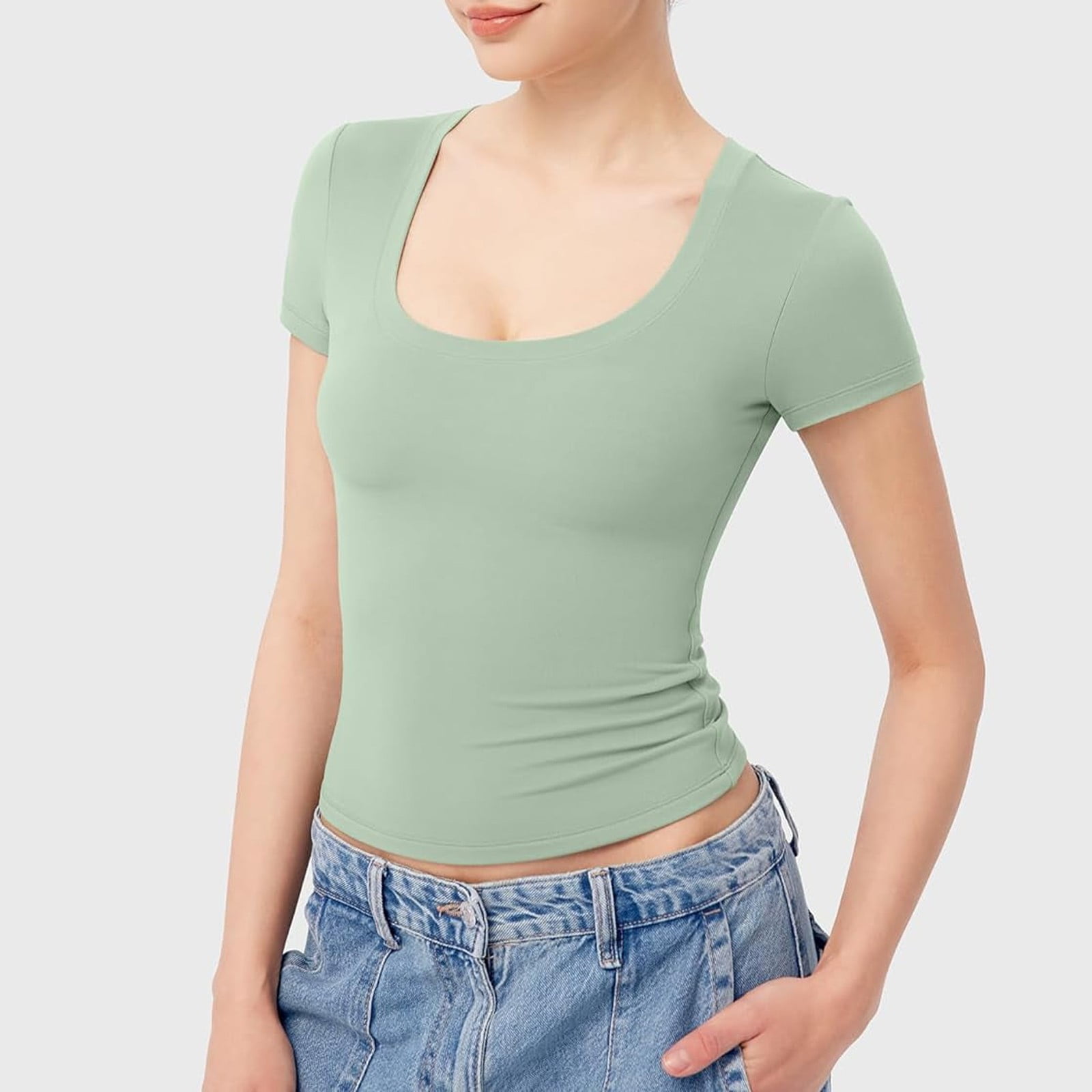 Tシャツ・カットソー Women's Crop short-sleeved T-shirt 5FT1071 Jzuxvd Womens Summer Sexy Short Sleeve Square Neck Double