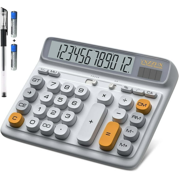 Desktop Calculator with Extra Large 5-Inch LCD Display, 12-Digit Two Way Power Solar & Battery Office Calculator with Big Buttons for Business, Accounting & Home Use(Grey)