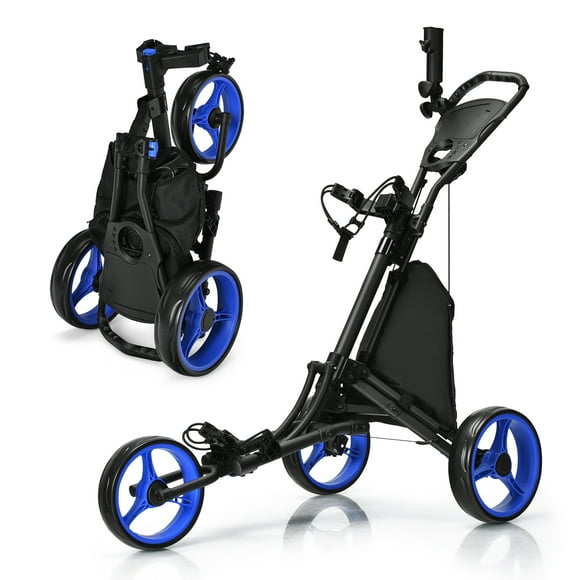 Gymax 3-Wheel Foldable Golf Push Pull Cart Trolley w/ Adjustable Handle Blue