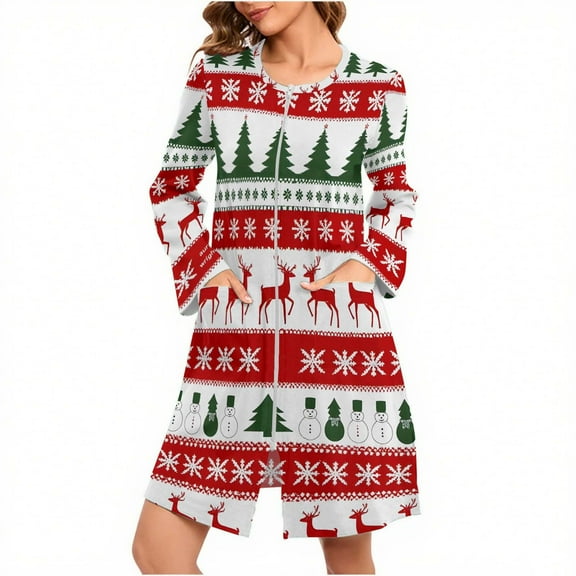 Riecok Zip up Robe with Pockets Christmas Long Sleeve Loungewear Xmas Tree Printed Loose Sleepwear with Pockets