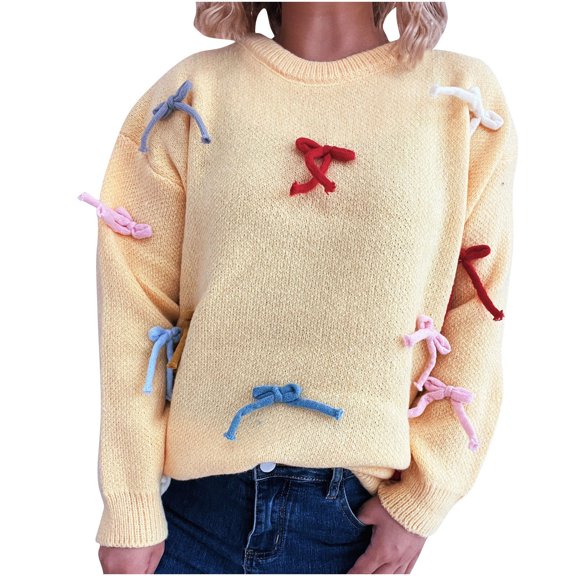Lenpel Sweaters for Women Soft Long Sleeve Crew Neck Knitted Pullover Tops with Bowknots Loose Casual Sweaters(Yellow,Small)