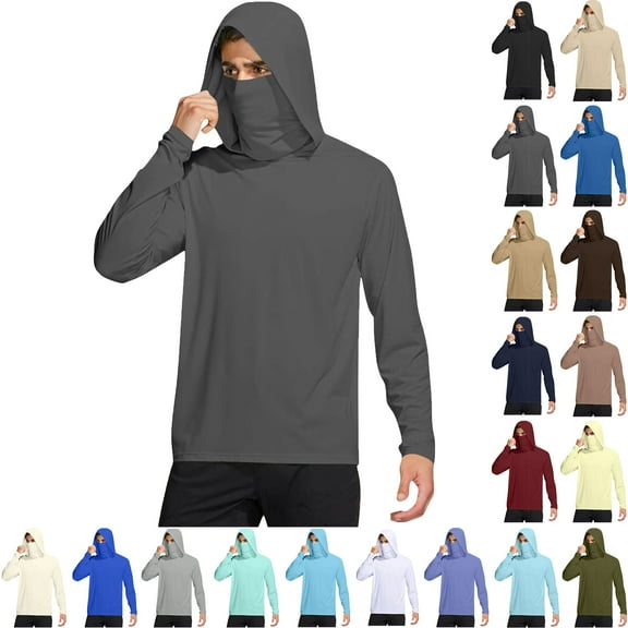 Bmawag Men's Sun Protection Shirts Summer Casual Loose UFP50  Sun Protective Lightweight Outdoor Hiking Solid Color Long Sleeve Plus Size Blouse Tops with Mask Hooded Gift for Men Dark Gray L