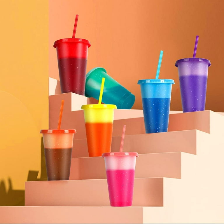 Plastic Cups with Lids and Straws - 7 Pack 12 oz Reusable Tumbler with  Straw | Color Changing Cup with Lid Adults Bulk Travel Tumblers Drinking  Cups
