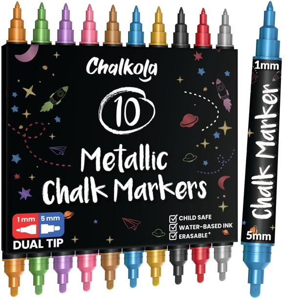 Marcadores Chalkola de Tiza con Punta Doble para Pizarras 10 Colores Metálicos