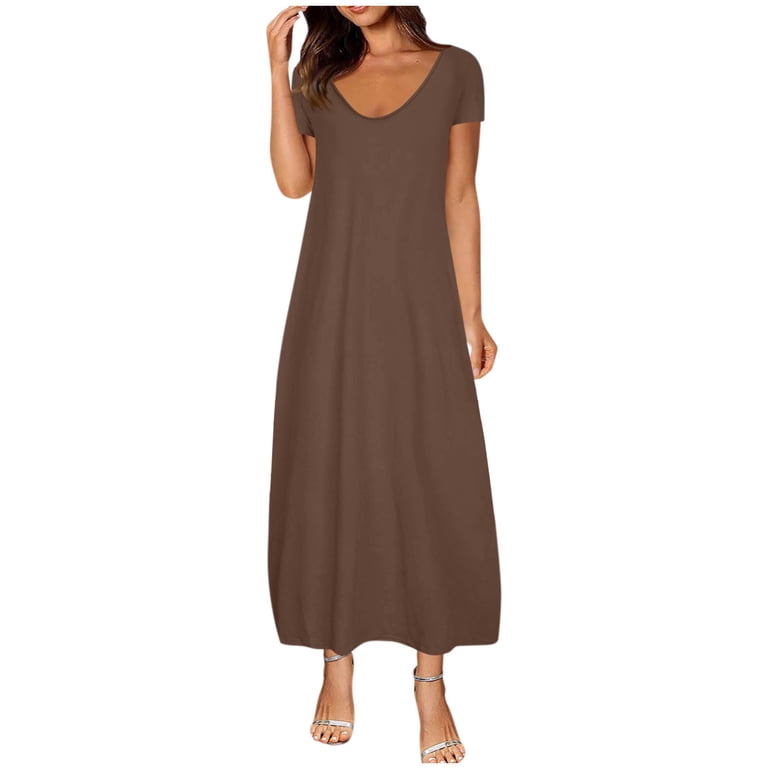 PiGOGI Women's Maxi Dress - Pocket Solid Color Round Neck Short Sleeve  Casual Comfortable All Occasion Dress Coffee - Walmart.com