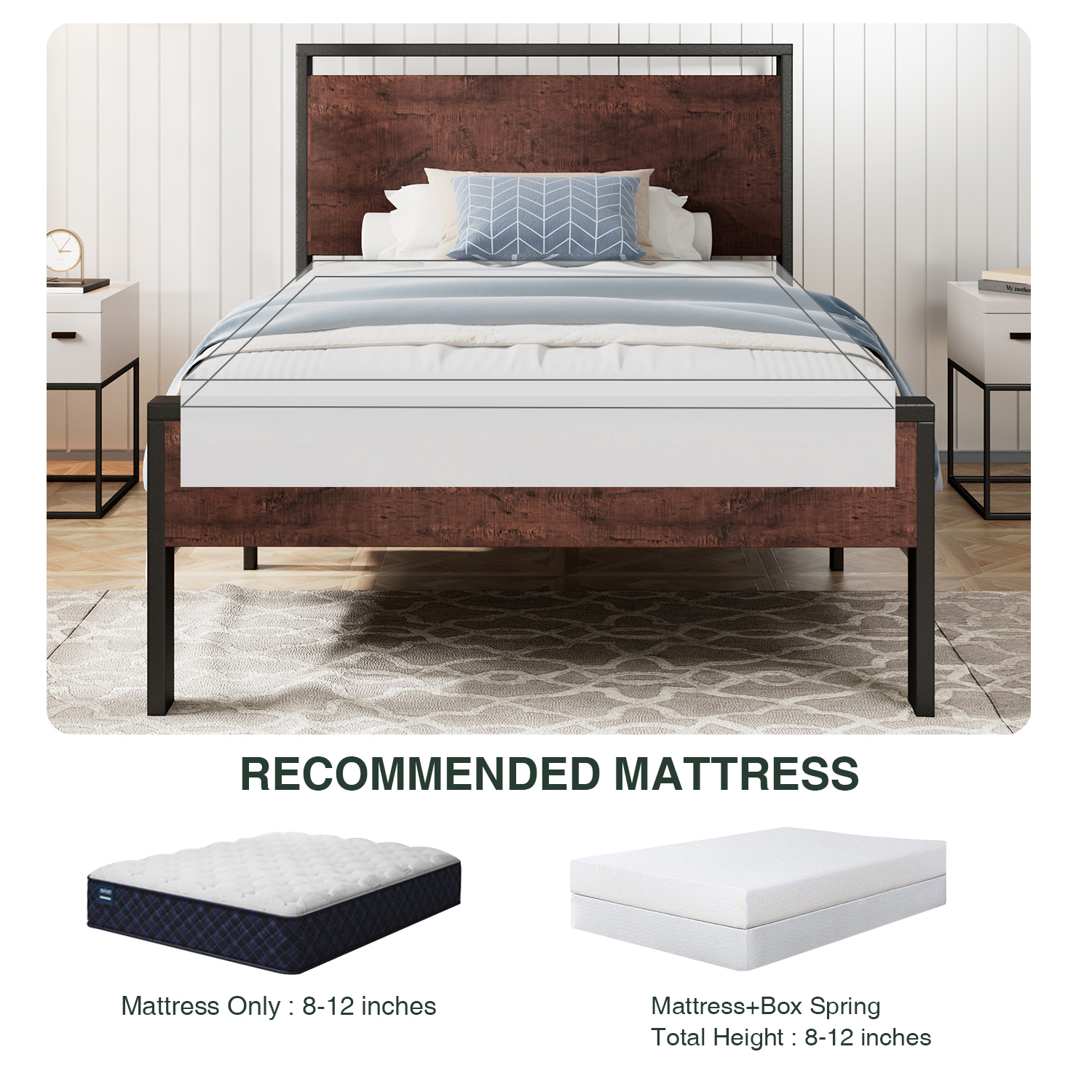 Amolife Twin Size Bed Frame, Heavy Duty Metal Platform Bed with Wooden Headboard & Footboard, No Box Spring Needed, Mahogany