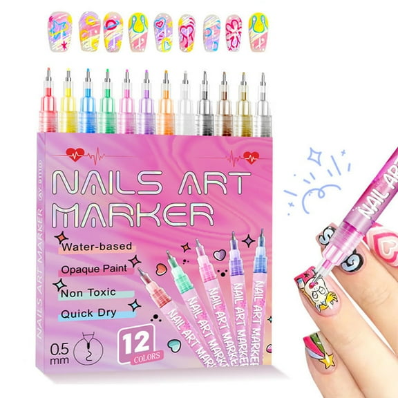Press on Nails, 12 Colors Nail Art Pens Set, 3D Nail Art Markers Doodle Pen for Kids Adults, Nail Art Tools for Polishing Dotting Painting Liner DIY
