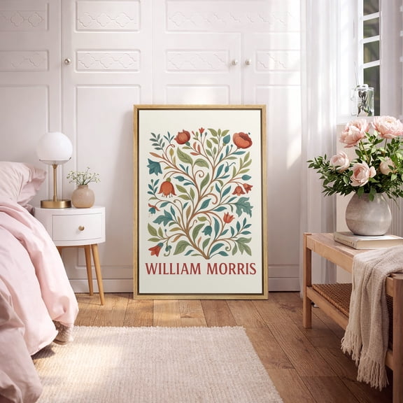 Framed Canvas Print William Morris Wall Art Abstract Floral Botanical Decorative for Living Room Bedroom - 16"x24" NATURAL