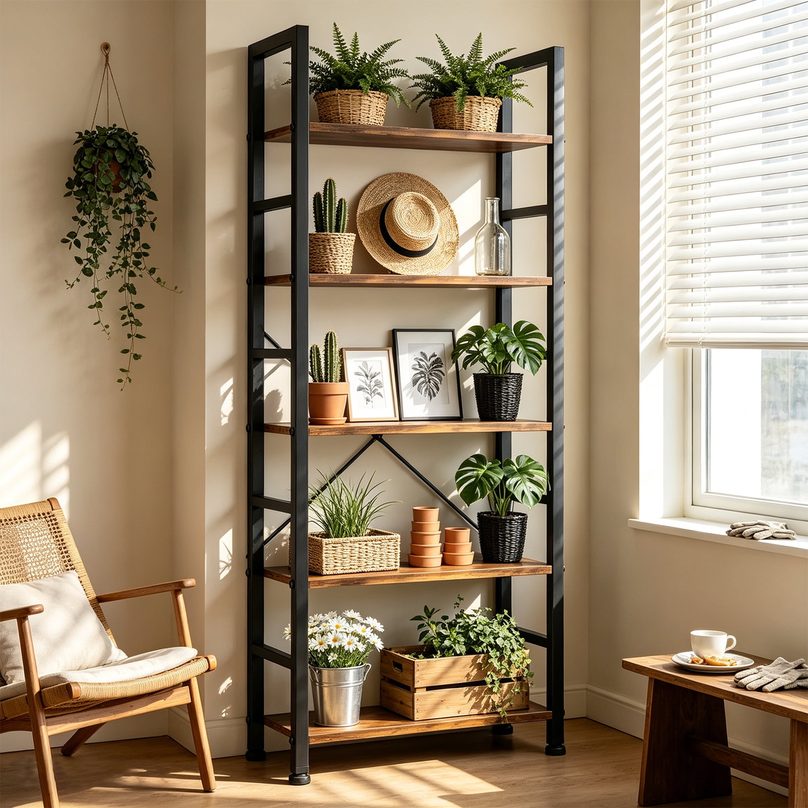 ZEUKMXOO 5-Tier Tall Vintage Industrial Open Bookshelf, Multi-Purpose Standing Storage Shelf Organizer for Living Room, Home Office, Bedroom, Kitchen