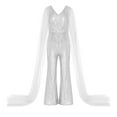thumbnail image 3 of Alvivi Kids Flower Girl Shiny Sequins Jumpsuit Wide Leg Pants Cape Sleeve Pageant Party Romper White 6, 3 of 7