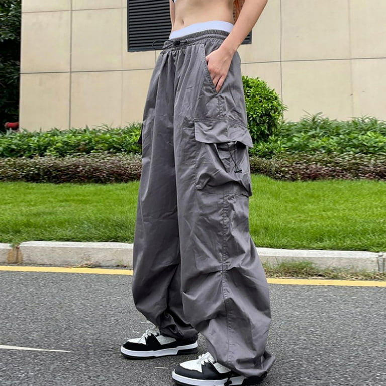 Mlqidk Women Baggy Cargo Pants Baggy Streetwear Y2k Drawstring Trousers  Wide Leg Pants,Gray L 