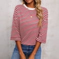 thumbnail image 2 of Striped T Shirts for Women Crew Neck 3/4 Sleeve Tee Back Tie Bow Pullover Top Summer Red M, 2 of 10