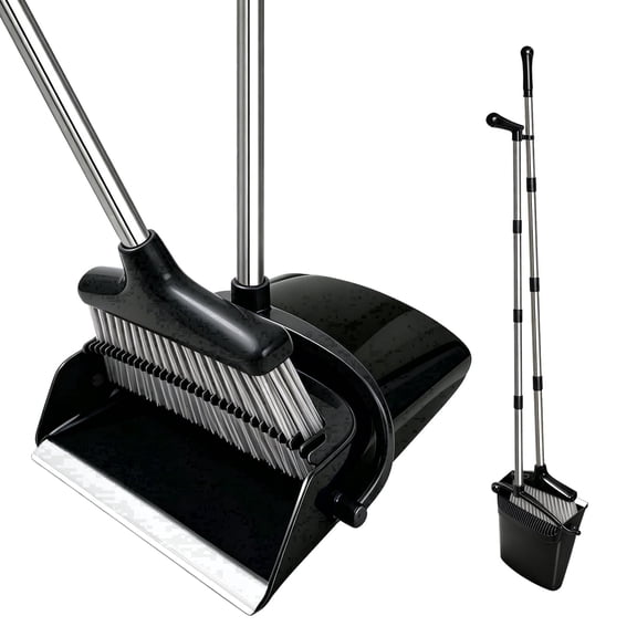 VOVMIIN Broom and Dustpan Combo Set with Comb for Home Floors Broom and Dust Pan Combo with Long Handle Black