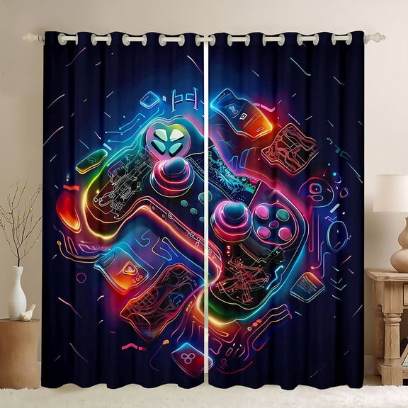 Homewish Cartoon Game Console Black Out Curtains for Teen, Modern Boys Gaming Curtains Pack of 2 (42x63 Each), Video Game Gamepad Bedroom Curtains, Living Room Curtains Decor