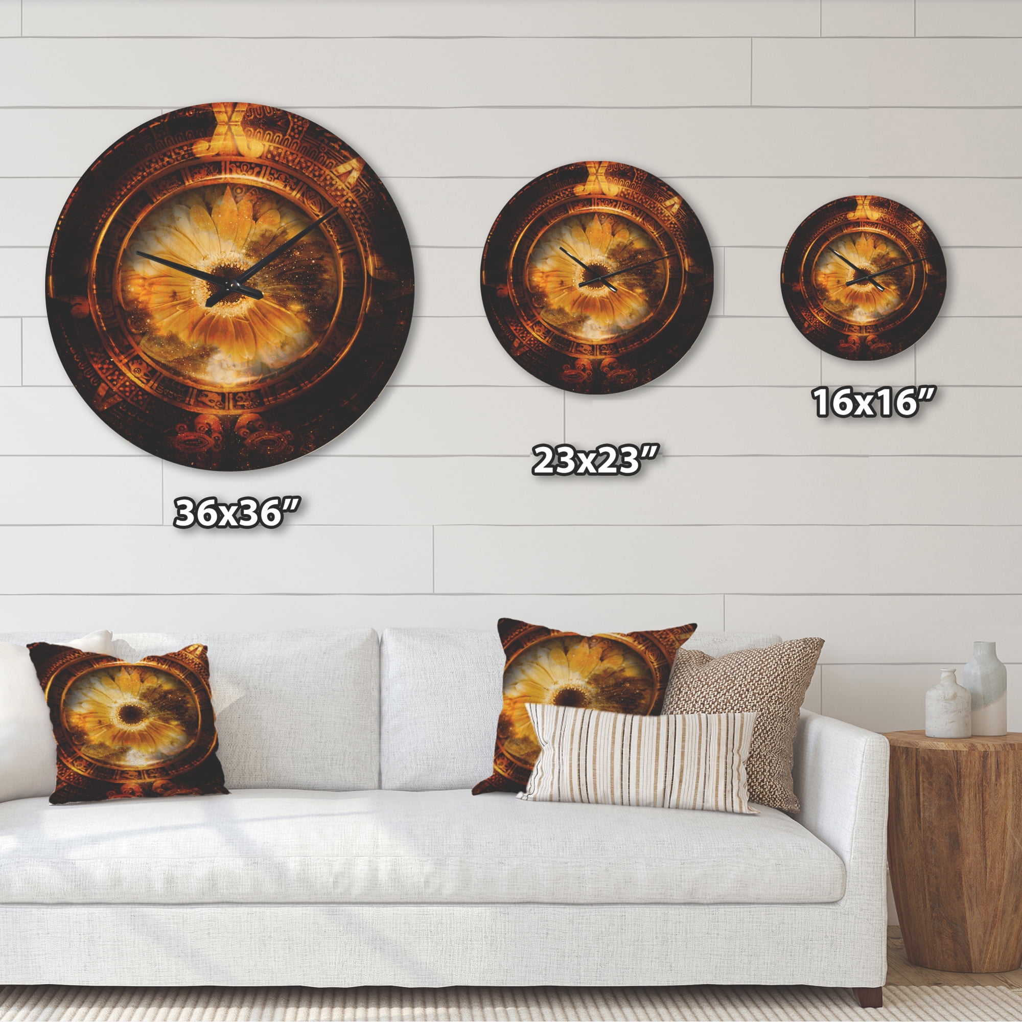 Designart 'Ancient Mayan Calendar Collage With Sunflower' Modern Wood Wall Clock