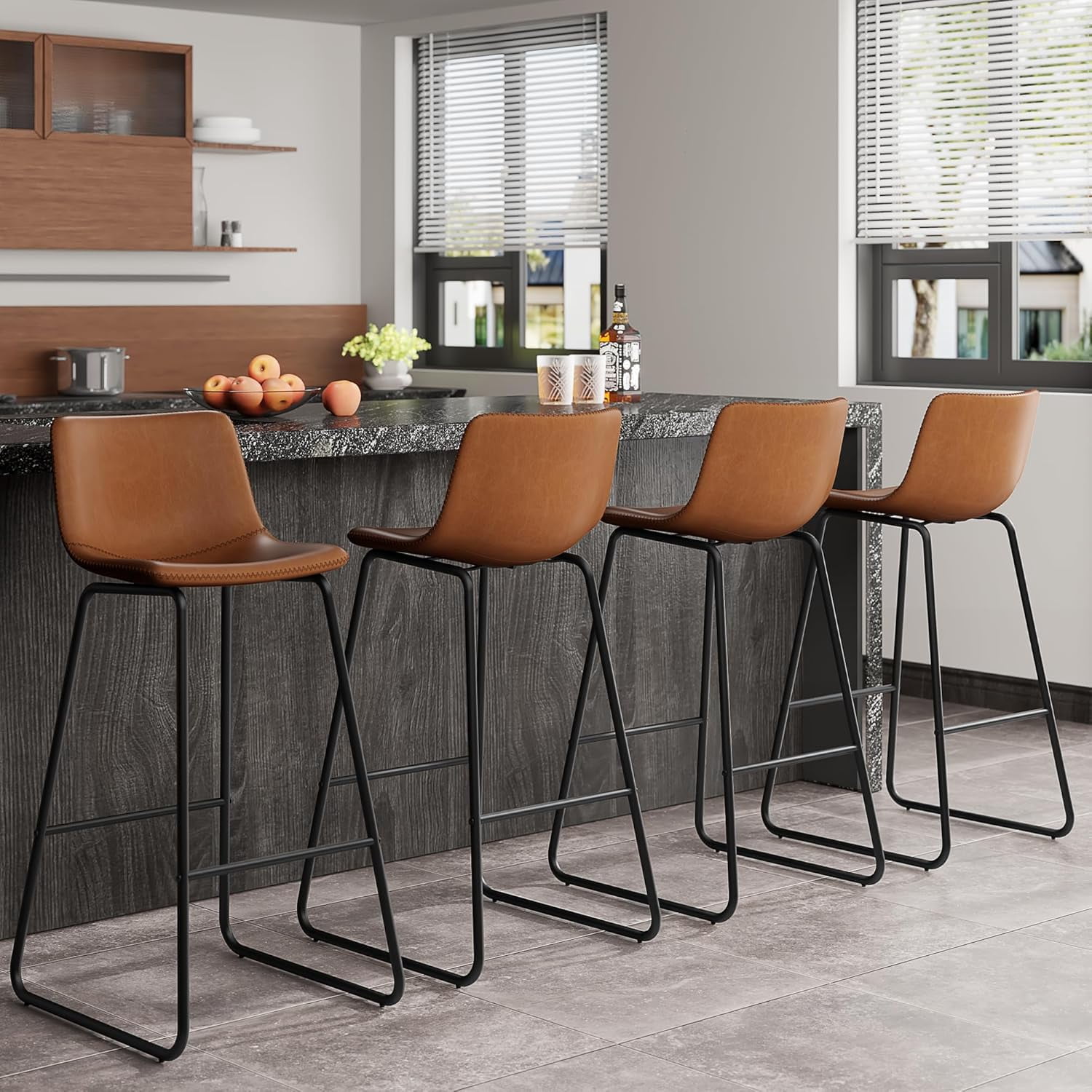 GIKPAL Bar Stools 30" Faux Leather Counter Height Barstools with Back Set of 4, Modern Counter Stools with Metal Legs and Footrest, Armless Chairs with Back for Kitchen Living Room Pub, Dark Brown