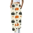 thumbnail image 2 of Womens Halloween 2025 Trendy Printed Sweatpants Elastic Waist Drawstring Color Block Pants Casual Streetwear Pants with Pockets,Beige 2,2XL, 2 of 5