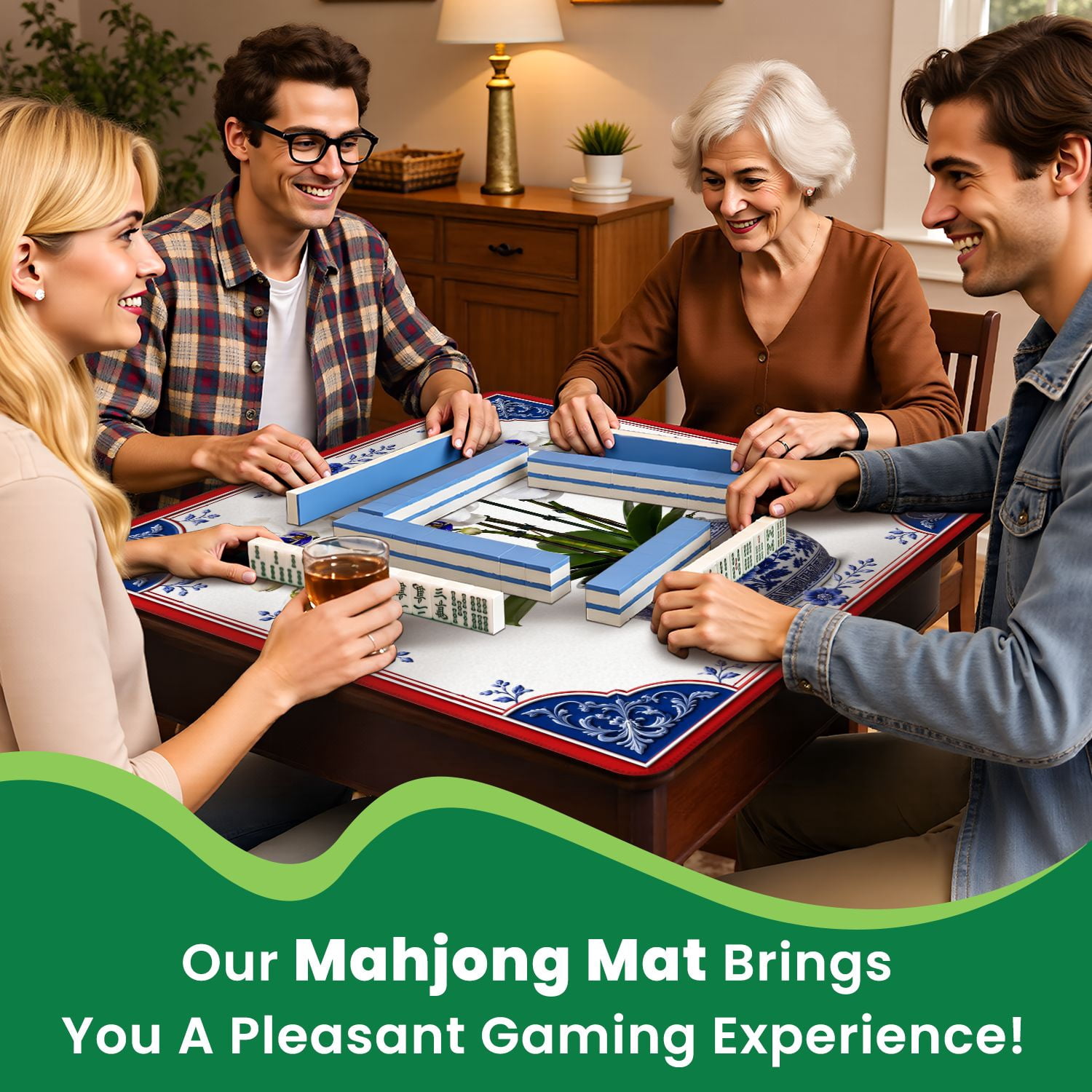 Mahjong Mat 31.5" x 31.5" Elegant White Orchids Blue White Porcelain Bowl Red Non-Slip Noise Reduction Mahjong Tiles Table Cover for Dominoes Poker Card Board and Tile Games