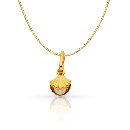 Solid Gold Pearl 14K Yellow Solid Gold Clam Shell with Fresh Water Cultured Pearl Charm Pendant with 0.8mm Box Chain Necklace ()