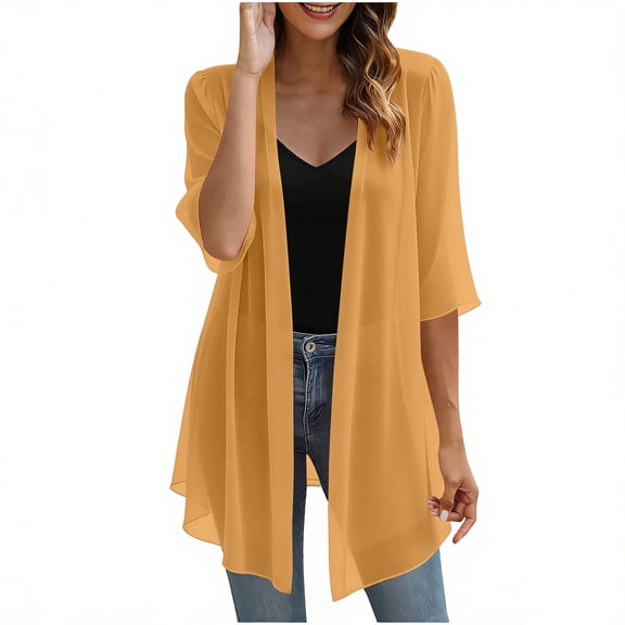 WRFWUL Women's Long Sheer Chiffon Cardigans Half Sleeve Light See Through Dusters Flowy Draped Kimono Cardigan Capes